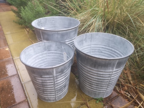 New Set Of 3 Round Vintage Zinc Galvanised Metal Garden Flower Planter Tub Pot