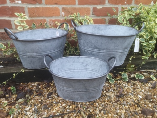 3X Vintage Oval Grey Zinc Galvanised Metal Garden Flower Planter Tub Pot Bucket