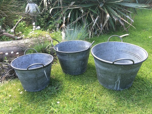 Set Of 3 Round Vintage Zinc Galvanised Metal Garden Flower Planter Tub Pot (L)