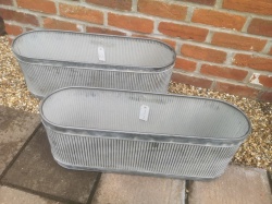 Pair Of Ribbed Trough Vintage Grey Zinc Galvanised Metal Garden Planter Flower Pot/Tub (A)